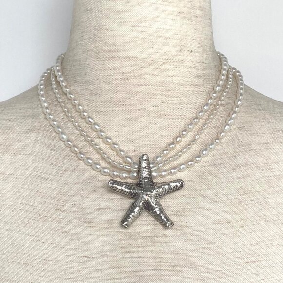 Sterling Silver 925 Layered Triple Strand Freshwater Pearl Starfish Necklace - Picture 1 of 16
